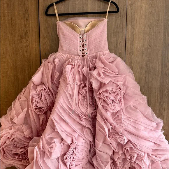 Milla Strapless Dress. Dramatically flowered tulle dress in misty pink. - Picture 3 of 13